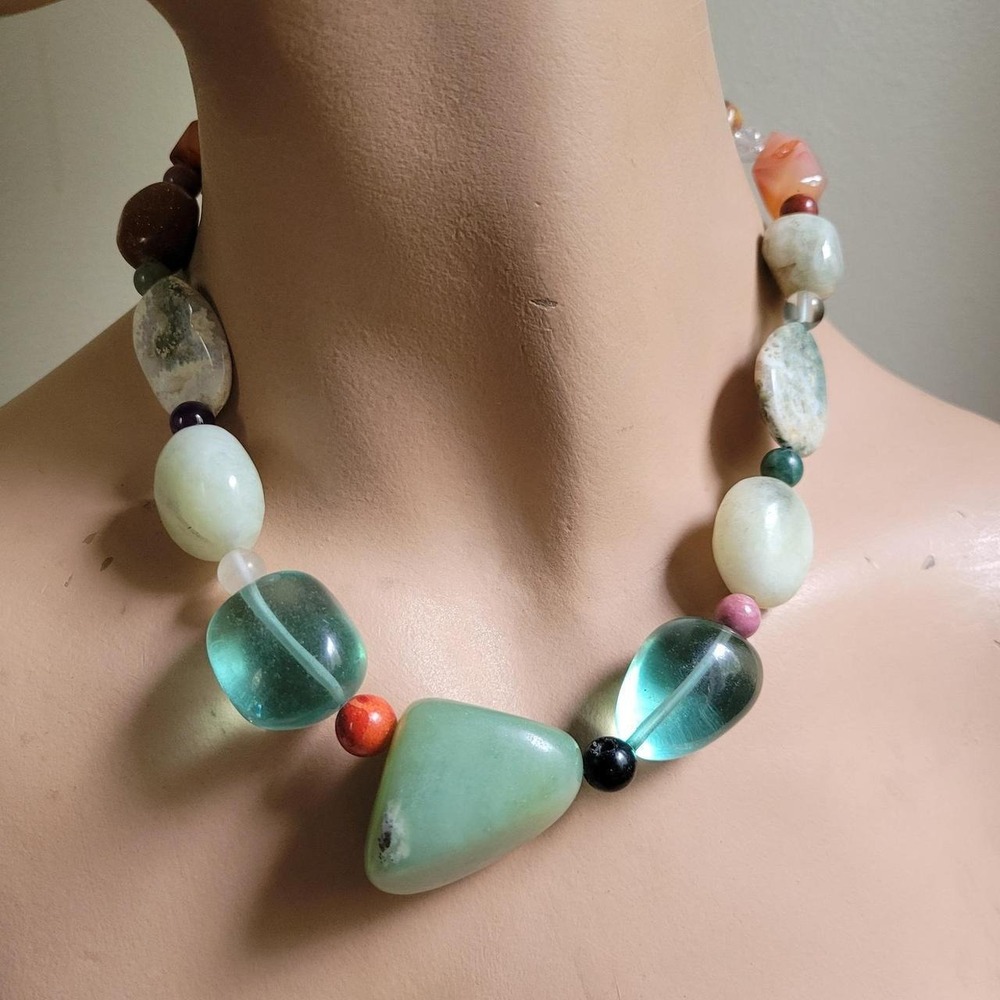 Mixed Natural Stone Chunky Statement Necklace 18 Inch Multi Color Goblincore